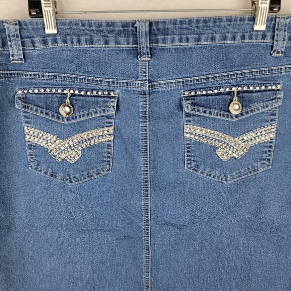 Western Denim Jean Skirt 16 Stretch Knee Length Bling Back Pockets Y2K Casual - Picture 5 of 9